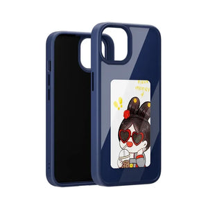 Stack of mobile phone cases with a focus on a black phone case with a custom e-ink display showing a colorful graphic design.