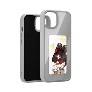 Stack of mobile phone cases with a focus on a black phone case with a custom e-ink display showing a colorful graphic design.