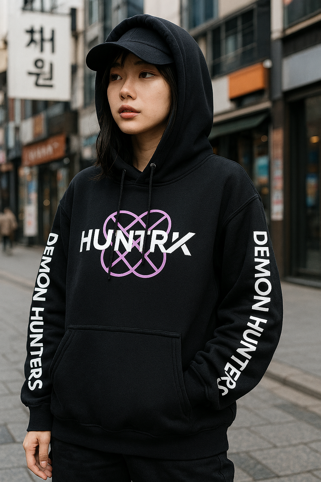 Korean Model wearing a black K-Pop Demon Hunters hoodie in an outdoor Korean street fashion setting, styled with an oversized fit and casual urban vibe.