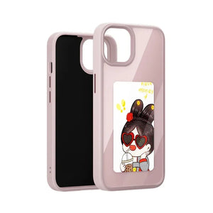 Stack of mobile phone cases with a focus on a black phone case with a custom e-ink display showing a colorful graphic design.