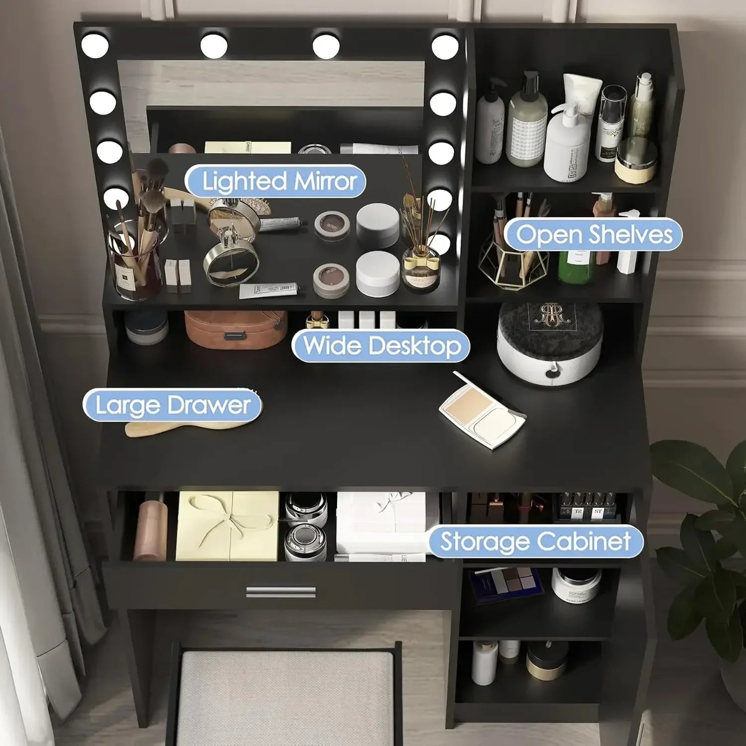 Vanity Desk, Large Drawer & Three Level Storage Dresser, Bedroom Dressing Table with Mirror & Light (Black with Stool)