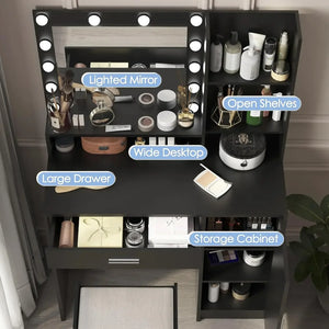 Vanity Desk, Large Drawer & Three Level Storage Dresser, Bedroom Dressing Table with Mirror & Light (Black with Stool)