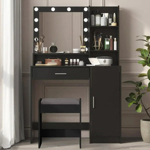 Vanity Desk, Large Drawer & Three Level Storage Dresser, Bedroom Dressing Table with Mirror & Light (Black with Stool)
