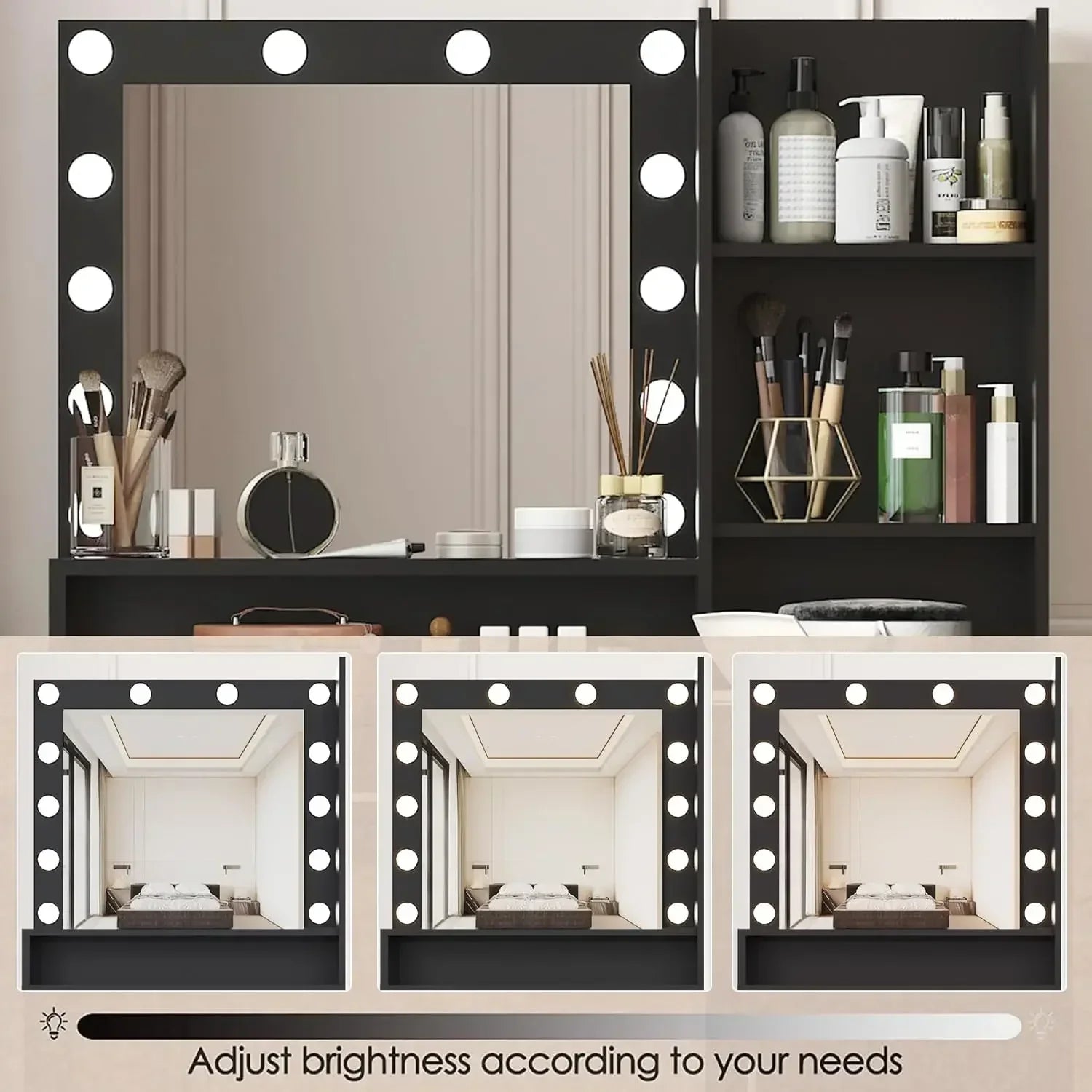 Vanity Desk, Large Drawer & Three Level Storage Dresser, Bedroom Dressing Table with Mirror & Light (Black with Stool)