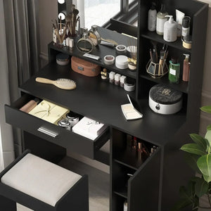 Vanity Desk, Large Drawer & Three Level Storage Dresser, Bedroom Dressing Table with Mirror & Light (Black with Stool)