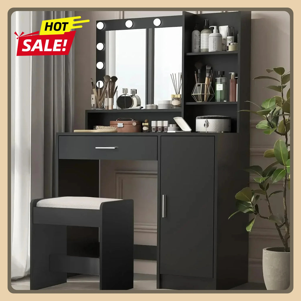 Vanity Desk, Large Drawer & Three Level Storage Dresser, Bedroom Dressing Table with Mirror & Light (Black with Stool)