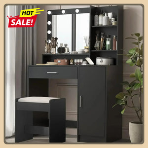 Vanity Desk, Large Drawer & Three Level Storage Dresser, Bedroom Dressing Table with Mirror & Light (Black with Stool)