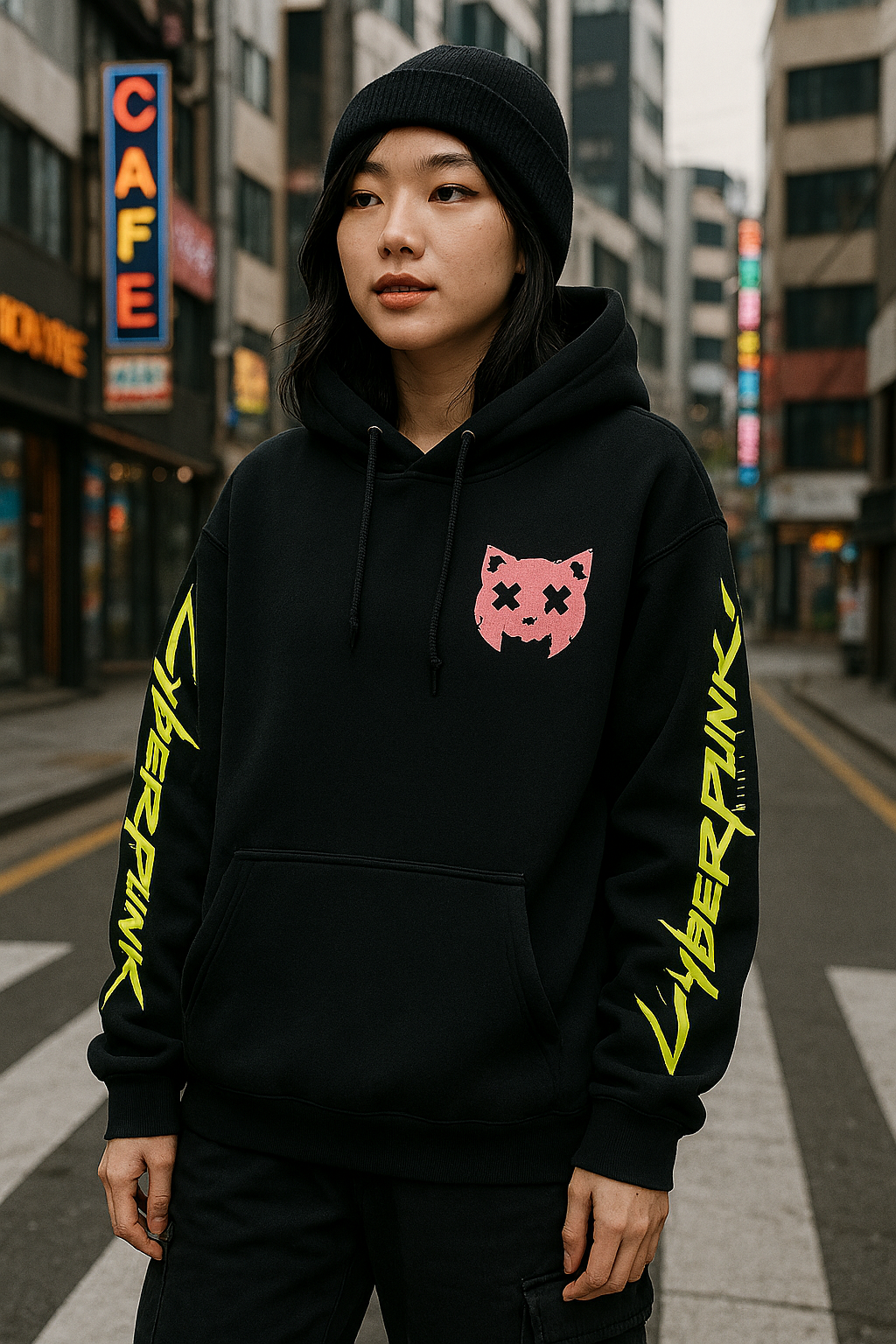 Model wearing a black Cyberpunk Edgerunners hoodie in an outdoor Korean street fashion setting, styled with an oversized casual fit.