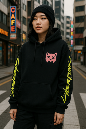 Model wearing a black Cyberpunk Edgerunners hoodie in an outdoor Korean street fashion setting, styled with an oversized casual fit.