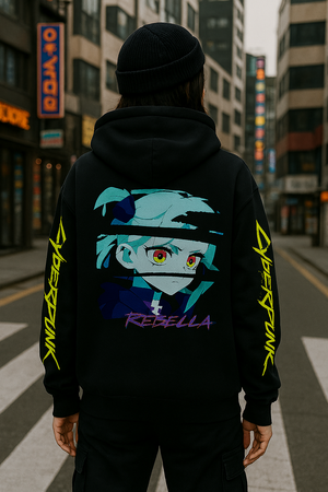 Model showcasing the back design of the Cyberpunk Edgerunners hoodie in an outdoor Korean street fashion setting. Features a relaxed oversized fit, bold cyberpunk-inspired graphics, and a casual urban aesthetic.