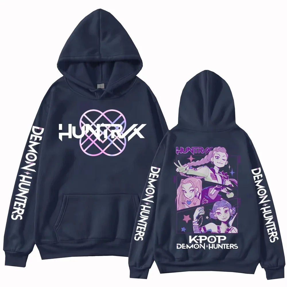 Model wearing K-Pop Demon Hunters Hoodie in outdoor Korean street fashion style, casual oversized fit