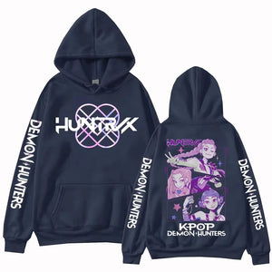 Model wearing K-Pop Demon Hunters Hoodie in outdoor Korean street fashion style, casual oversized fit