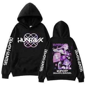 Front view of K-Pop Demon Hunters Hoodie with anime Harajuku design in black oversized fit
