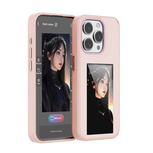 Pink phone case with a screen displaying an app interface and a photo of a person.