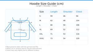 Modern hoodie size chart with measurements for length, shoulder, and chest in centimeters, including sizes S to XXXL and a simple hoodie illustration.