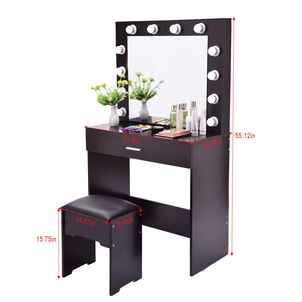 Vanity Hollywood Mirror Makeup organizer Dressing Table Desk Set with 12 Led Light