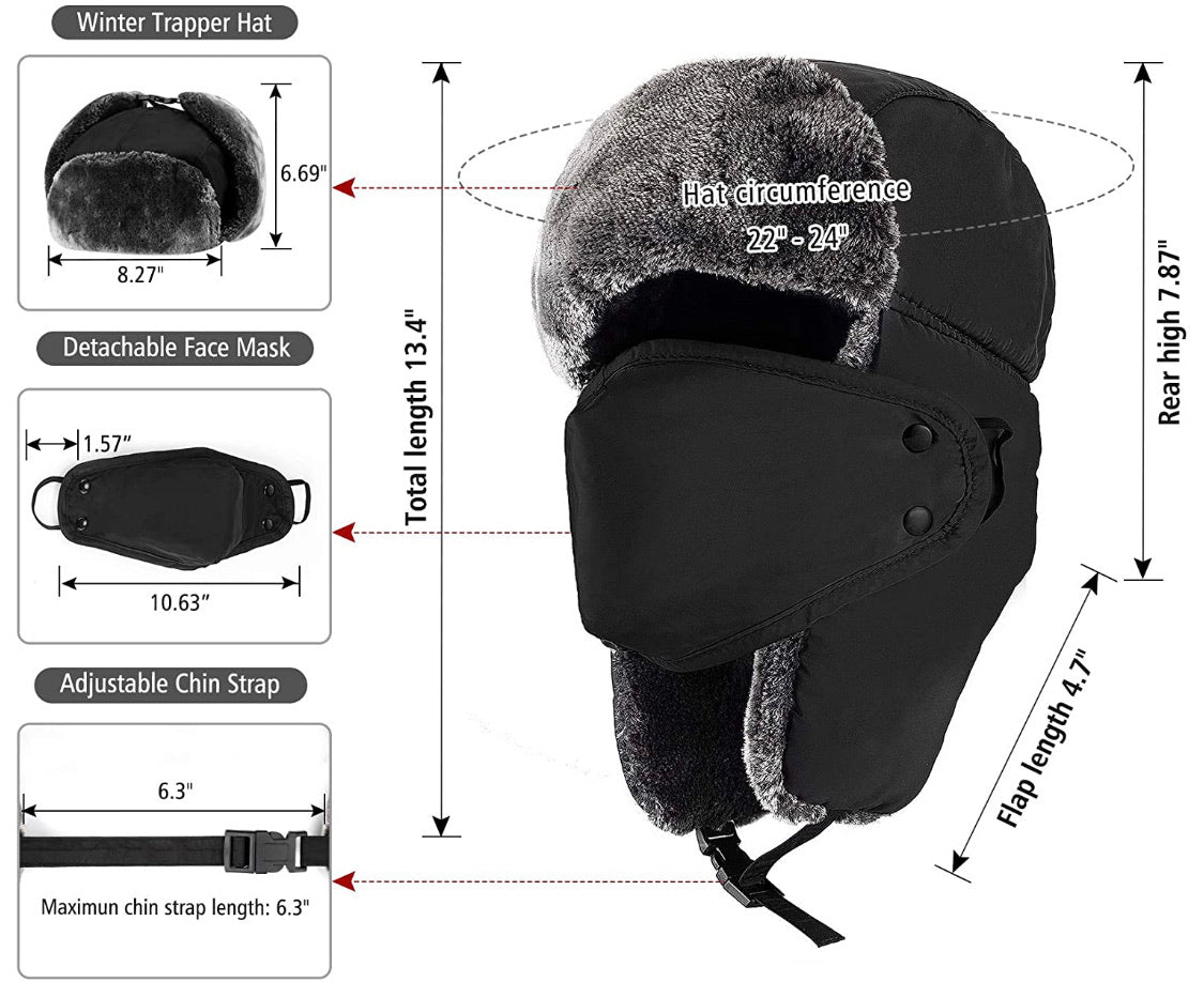 Classic Trooper Trapper Winter Warm Ushanka Bomber Fur Hats with Ear Flaps, Face Mask, Men/Women