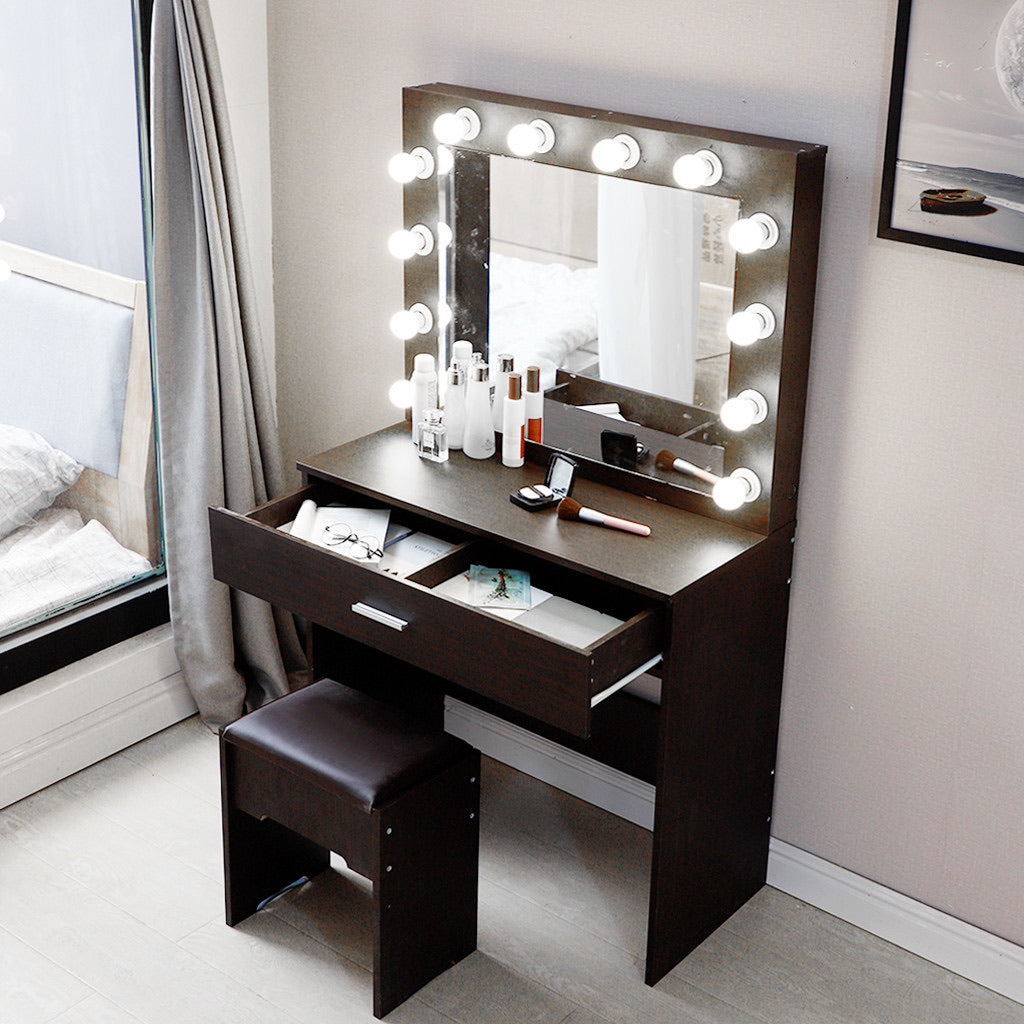 Vanity Hollywood Mirror Makeup organizer Dressing Table Desk Set with 12 Led Light